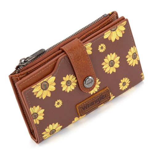 Wrangler Wallet for Women Bifold Card Holder with Zipper and ID Window - color: Daisy-Brown