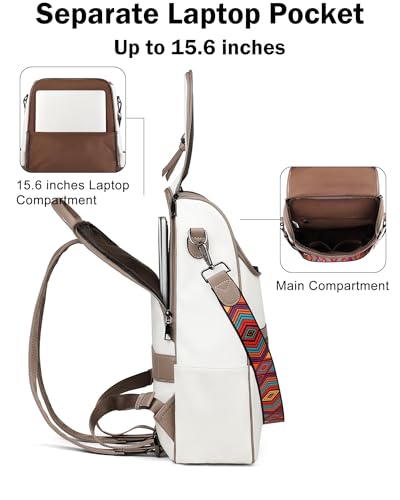 FADEON Laptop Backpack for Women, Vegan Leather 15.6 inch Computer bag - color: White Retro Style