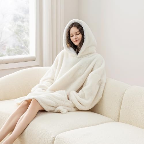 Berkshire Blanket Oversized Wearable Blanket Hoodie – SpaLoft Plush with Hood, Sleeves & Pocket - color: Cream