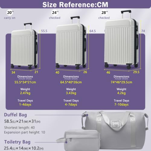 ABS Hardshell Front-Opening 3-Piece Luggage Set – 20″ Carry-On with USB Charging Port & Laptop Compartment, 24″ Expandable Checked Spinner Suitcases + Travel Duffel Bag, TSA Lock (5pcs Grey+White) - color: 5pcs Grey+White
