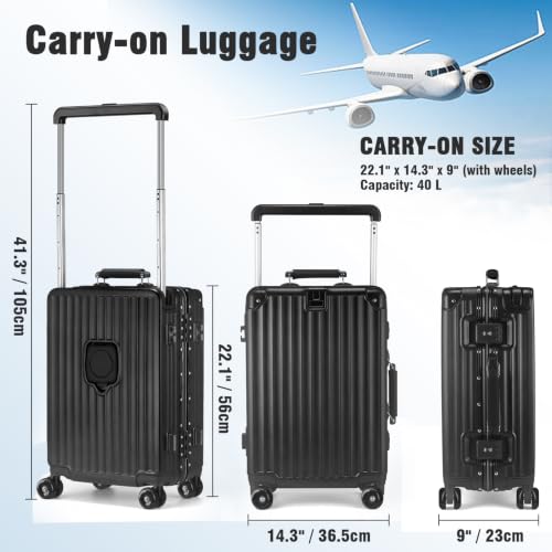Xtaeptos 20 Inch Wide Handle Carry on Luggage with Cup Holder, Hardside - color: All Black