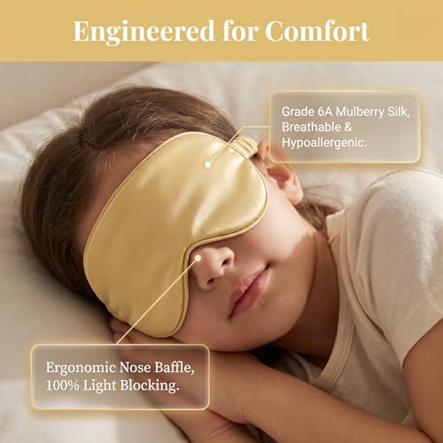 Kids Sleep Mask, 100% Mulberry Silk Eye Cover for Sleeping, Golden - color: Golden