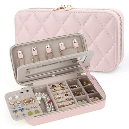 Soft-Touch Leather Travel Jewelry Case with Mirror, Jewelry Box - color: Blush Pink