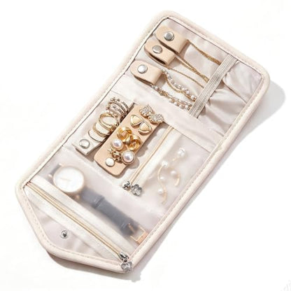 Travel Jewelry Organizer Roll, Foldable Pouch for Earring, Necklace, Ring - color: Beige