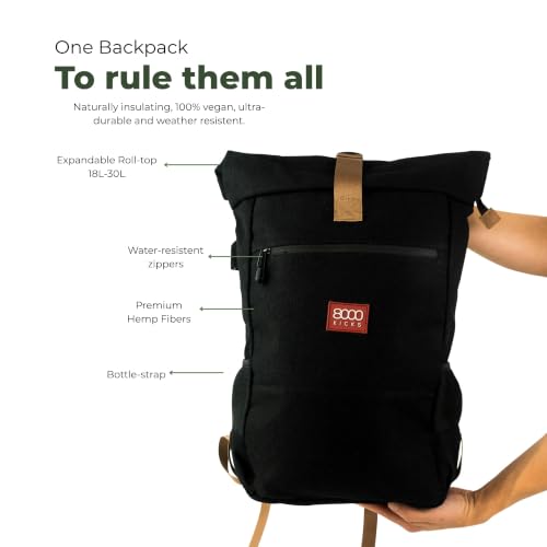 8000Kicks Everyday Hemp Backpack - Lightweight and Weatherproof Backpack for Work and Travel with Anti-theft pocket and Spacious Interior (Black) - color: Black