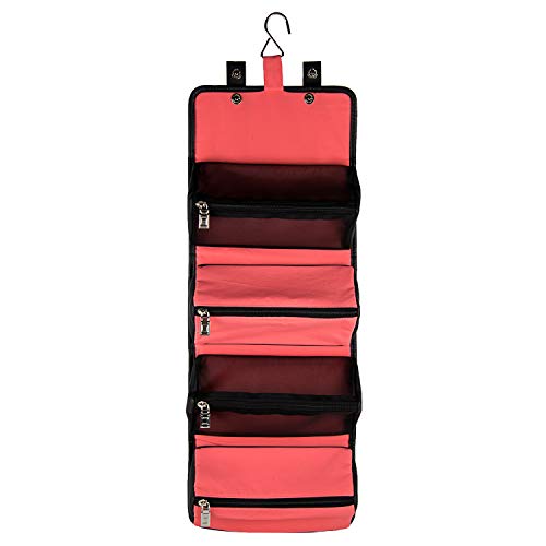 Lencca Stowaway Premium Utility Organizer Bag | Compact Travel Roll-Up Pouch with Detachab – Hanging Toiletry Travel Organizer with 4 Removable Pouches, Water-Resistant - color: Red