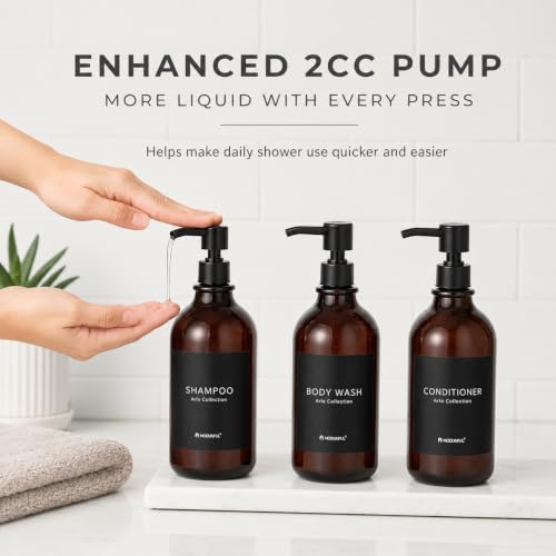 Amber Shampoo and Conditioner Dispenser Set of 3, Black Smooth Pump - color: Amber