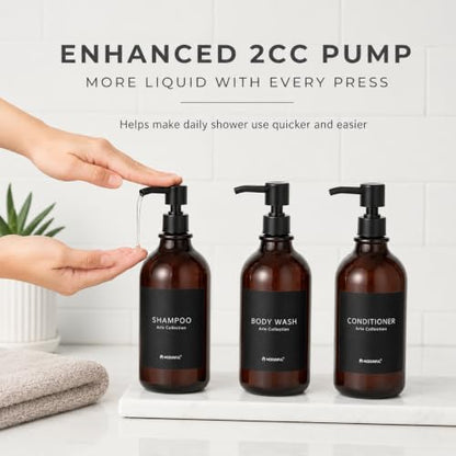 Amber Shampoo and Conditioner Dispenser Set of 3, Black Smooth Pump - color: Amber