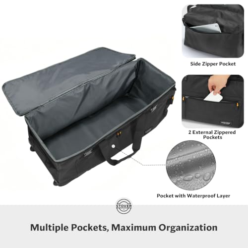 STOVER 100L U-Zip Rolling Duffel Bag with Wheels, X-Large Durable Travel Duffle + Toiletry Bag, Lay-Flat Opening, Packable with Shoulder Straps - Use as Luggage or Backpack, Men/Women (Black) - color: U-Zip Expedition Black