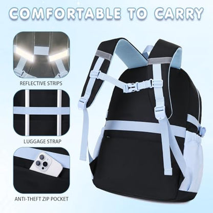 GeeWin Backpacks for Girls, Girls Backpack with Lunch Box & Pencil Case Set - color: Black Blue