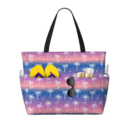 Women's Large Beach Bag Waterproof Travel Tote Bag with Pocket Sandproof Foldable Weekender Bags for Pool Vacation - color: Palm Purple