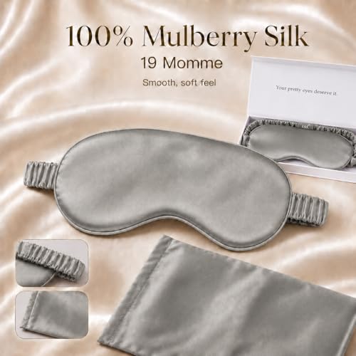 Silk Sleep Mask Light Blocking Luxury 100% Mulberry 19mm Silk Eye Mask Eye Cover Blindfold Ultra Soft Light & Comfy Anti Aging Skin Care with Travel Bag Gift Package - color: N-gray
