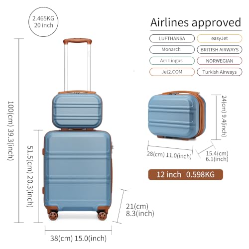 Kono Carry On Luggage Set Airline Approved with Spinner Wheels - color: Apricot Blue, size: 2-piece Set (12/20)
