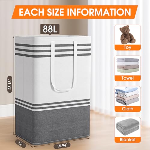 2 Pack Large Home Laundry Basket, Laundry Hamper, Freestanding Waterproof Dirty Clothes Bag, Tall Clothes Hamper - Extended & Reinforced Handles for College Dorm, Family (Light Grey/88L) - size: 2 x 88L