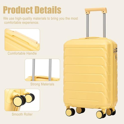 GDFStudio 20" ABS Hardshell Checked Luggage, Medium Capacity Travel Suitcase with Scratch Resistant Surface, 360° Silent Spinner Wheels, Combination Lock, Telescopic Handle and Side Hooks, Yellow - color: Yellow, size: 20In