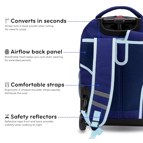 J World Sunrise Kids Rolling Backpack with Wheels for Girls Boys, Roller Bookbag for School, 18 x 13 x 9 Inches, Navy - color: Navy