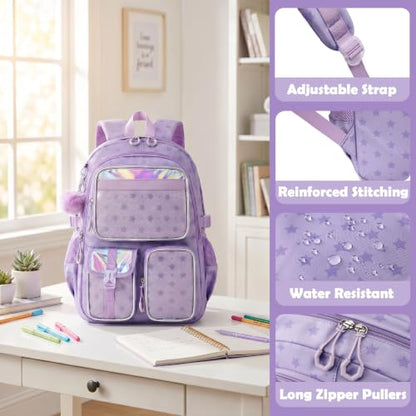Kimwadalh Glitter Backpack with Plush Pendants for School Girls - color: Bling Star Purple
