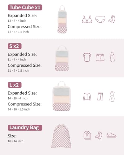 Narwey Compression Packing Cubes for Travel, Cute Luggage Organizer Bags - color: Z-Dusty Rose Checkerboard