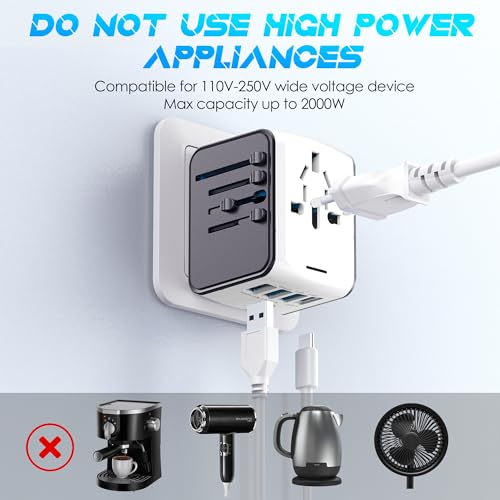 ISIX International Travel Adapter, 1 USB-C &3 USB-A Ports,2500W AC Outlet, - color: White