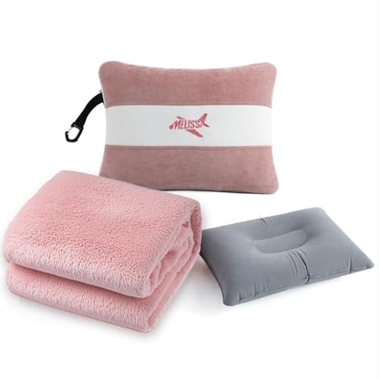 Melissa Large Soft Travel Blanket and Inflatable Pillow Set - color: Pink