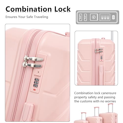 Campfun 3 Piece Luggage Sets, ABS Hardshell Suitcase Set with Double Spinner Wheels, Durable Lightweight Carry On Luggage for Travel & Business, 20/24/28 inch, Pink - color: Pink