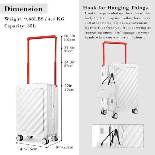 Somago Carry On Luggage Wide Handle 20 Inch Suitcase with Front Compartment Aluminum Framed PC Hardside 22x14x9 No Zipper Business Baggage with Spinner Wheels USB Charging Port TSA Lock - color: White, size: Front Open 20 inch