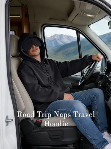 SeSe Code Travel Hoodie with Eye Mask Sleep Unisex Oversized Sweatshirt for Airplane, Road Trip Naps Fleece Couples Hoodies - color: Black, size: XX-Large
