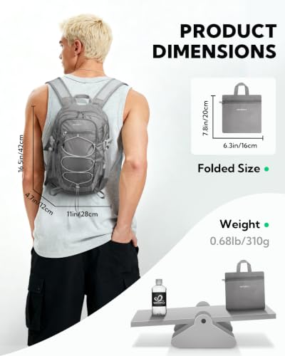 WATERFLY Small Lightweight Packable Backpack, Mini Foldable Travel Daypack - color: Grey