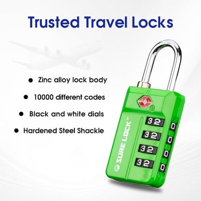 SURE LOCK TSA Approved 4-Digit Resettable Combination Luggage Locks with Open Alert, Easy-Read Dials - for Luggage, School Lockers, Gym, Office, Toolbox & Security Cases(Green 2 Pack) - color: GREEN 2 PACK