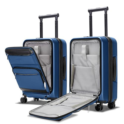 20 Inch Softside Suitcase with Spinner wheels, Carry on Luggage with & USB Port,Hybrid Soft Front & Hard Shell Large Checked Luggage with TSA Lock, Blue - color: Blue, size: 20 Inch