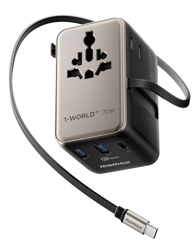 MOMAX 70W Universal Travel Adapter All-in-1 Plug Adapter with USB-C Cable - color: Gold, size: 70W