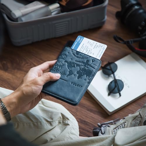 VULKIT Passport Holder Magnetic Closure RFID Blocking Travel Wallet Passport Book Cover Boarding Pass Holder Travel Essentials - color: Navy