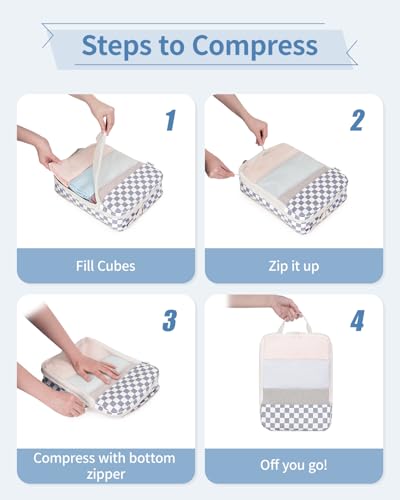 Narwey Compression Packing Cubes for Travel, Cute Luggage Organizer Bags - color: Z-Grayish Blue Checkerboard