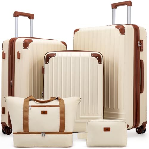 KUNEL Luggage Sets 5 Piece, Hardshell Expandable Suitcase, 20/24/28inch - color: Beige