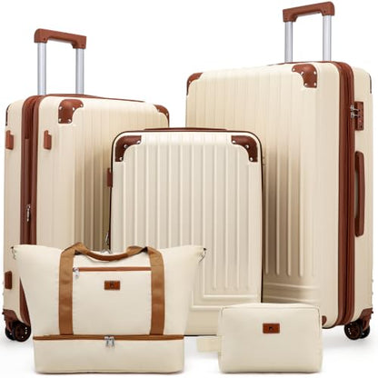 KUNEL Luggage Sets 5 Piece, Hardshell Expandable Suitcase, 20/24/28inch - color: Beige