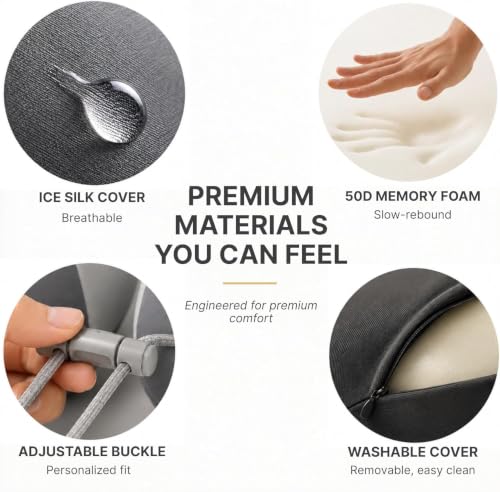 Travel Neck Pillow for Airplane, 50D Memory Foam, Cooling Ice Silk Cover, U-Shape, Adjustable Buckle, Washable Cover with Carry Case (Grey) - color: Grey
