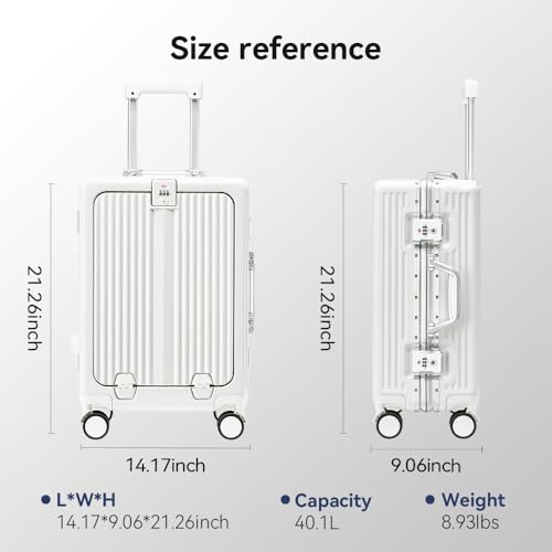 Aluminum Frame Carry On Luggage with Front Pocket, White - color: White, size: 20 Inch