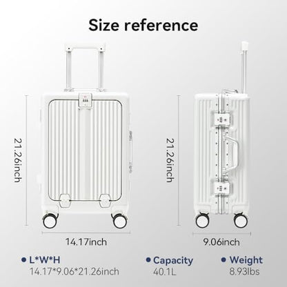 Aluminum Frame Carry On Luggage with Front Pocket, White - color: White, size: 20 Inch