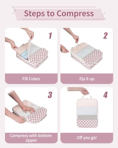 Narwey Compression Packing Cubes for Travel, Cute Luggage Organizer Bags - color: Z-Dusty Rose Checkerboard