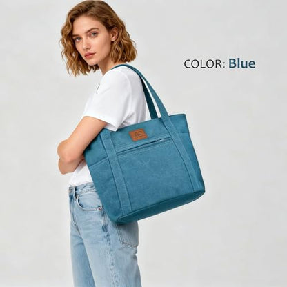 Light Canvas Shoulder Bag for Women Retro Bucket Tote - color: Blue
