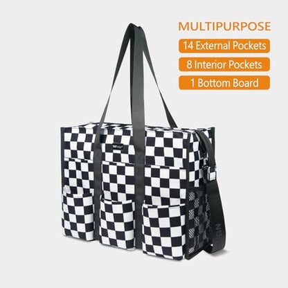 TOPDesign Utility Water Resistant Tote Bag with 22 Pockets, Zipper Closure - color: Checkerboard, size: Large