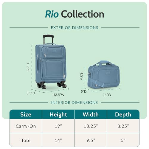 U.S. Traveler Rio Lightweight Softside Rolling Carry-on Suitcase, 4-Wheel Set, Light Blue - color: Light Blue, size: 22"/14"