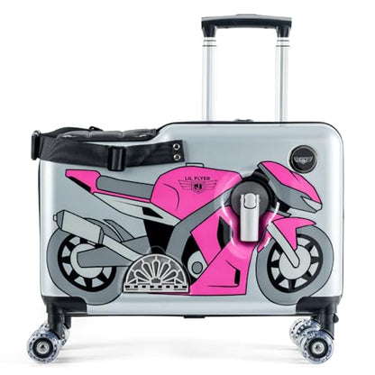 Younglingz LIL FLYER GO Version 2 Ride On Suitcase for Kids | Carry On Luggage with Toddler Seat, Foldable Handlebars, Pedals, and Removable Wheels | Holds up to 80 lbs | Pink Motorcycle | Ages 2-6 - color: Pink Motorcycle V2