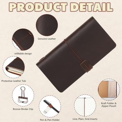Traveling Refillable Leather Journal Notebook, Dark Brown, Regular Size - color: Dark Brown, size: Regular Size