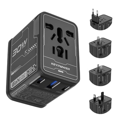 30W GaN Universal Travel Adapter, 4-in-1 Fast Charger 2 USB-C & 1 USB-A