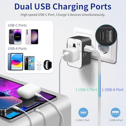 Travel Adapter 2 Pack, Worldwide All in One Universal Travel Adaptor AC Power Plug Adapter Wall Charger with USB-C and USB-A Fast Charging Ports for USA EU UK AUS
