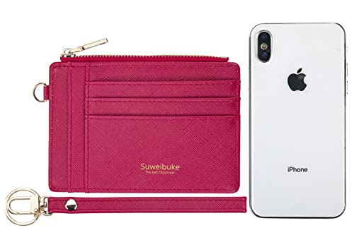Wikavanli Women Slim Rfid Blocking Credit Card Case Holder Wristlet Zip ID Case Wallet Small Compact Leather Wallet Coin Purse with Keychain (Rose Red) - color: Rose Red