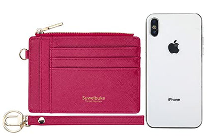 Wikavanli Women Slim Rfid Blocking Credit Card Case Holder Wristlet Zip ID Case Wallet Small Compact Leather Wallet Coin Purse with Keychain (Rose Red) - color: Rose Red