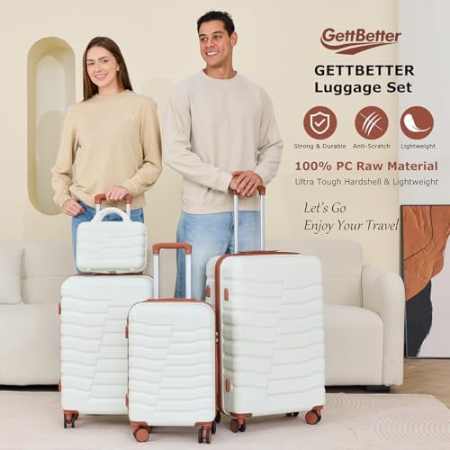 4Pc Hardside Carry On Checked Luggage Set Spinner TSA - color: Apricot white