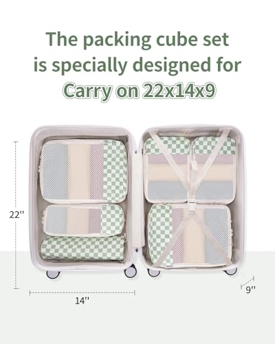Narwey Compression Packing Cubes for Travel, Cute Luggage Organizer Bags - color: Z-Mint Green Checkerboard